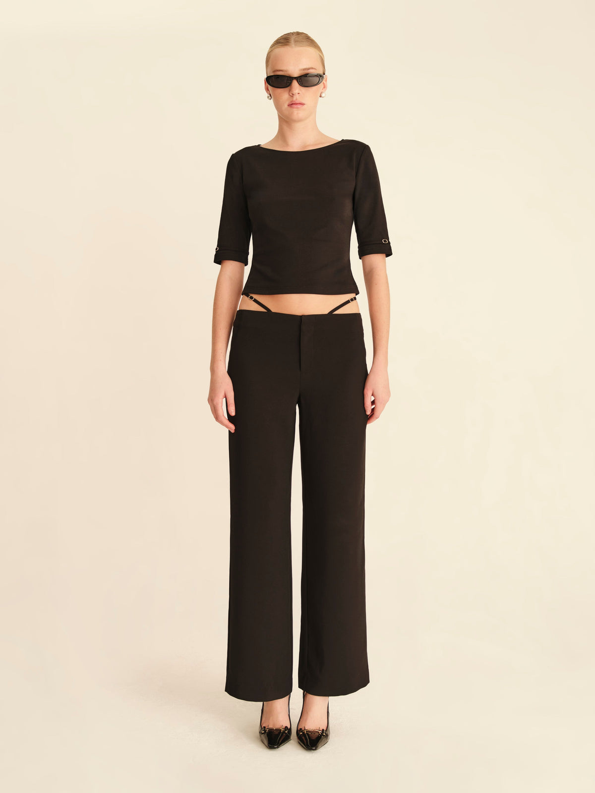 Boat Neck Buckle Tee Jet Black - full-length front view