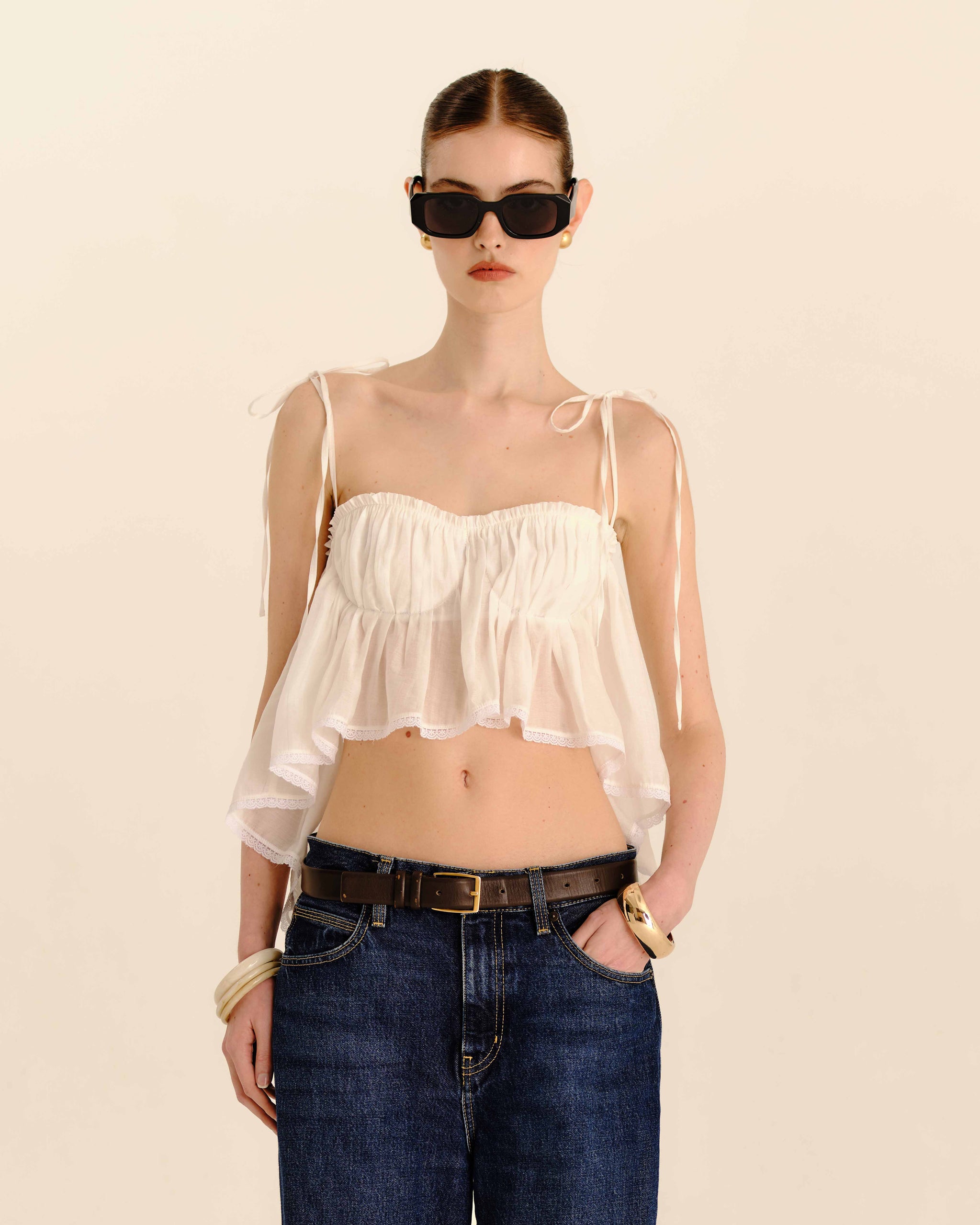 Bustier Frill Top Ivory Cream - half-length styled view