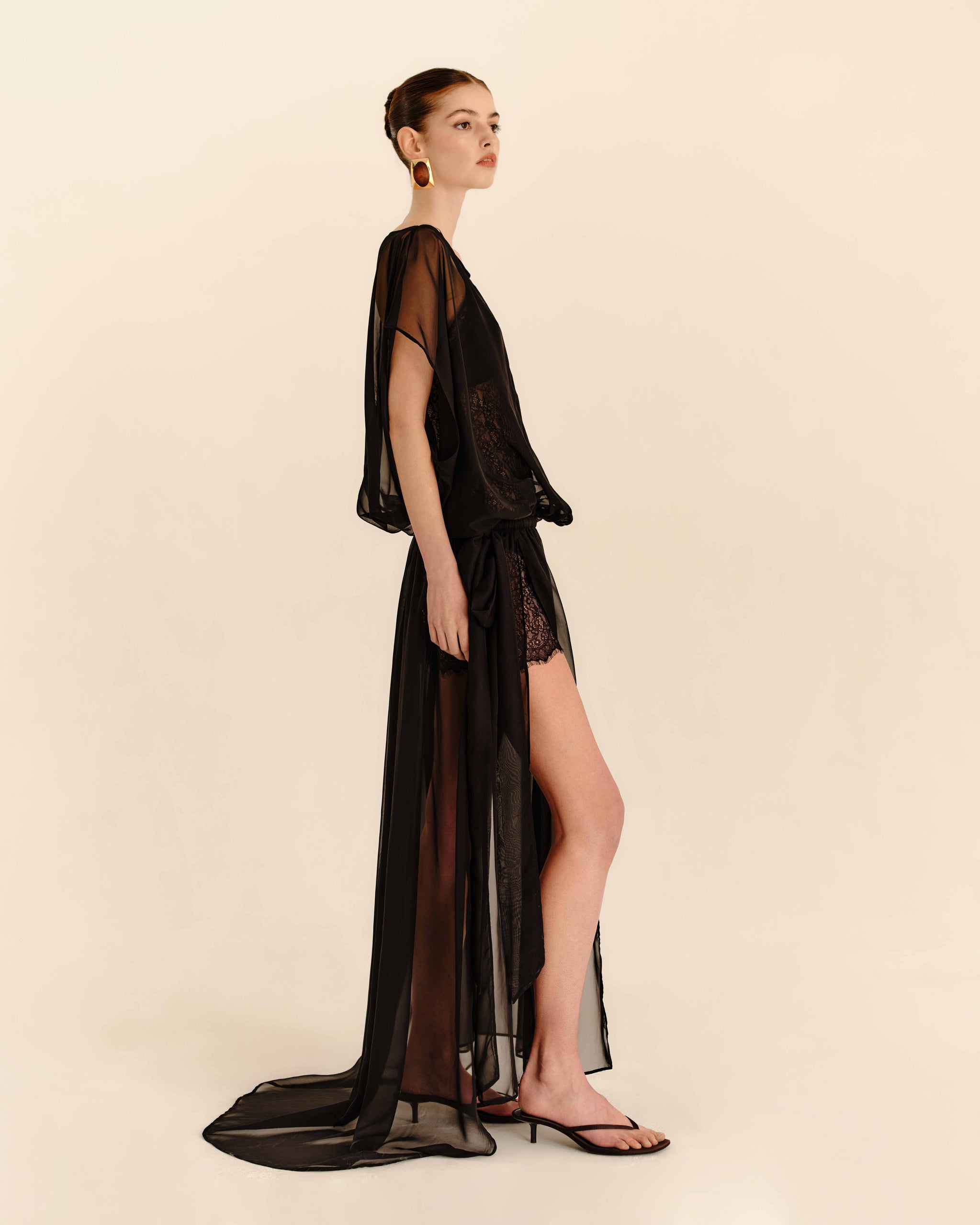 Celeste Sheer Maxi Dress Jet Black - side profile