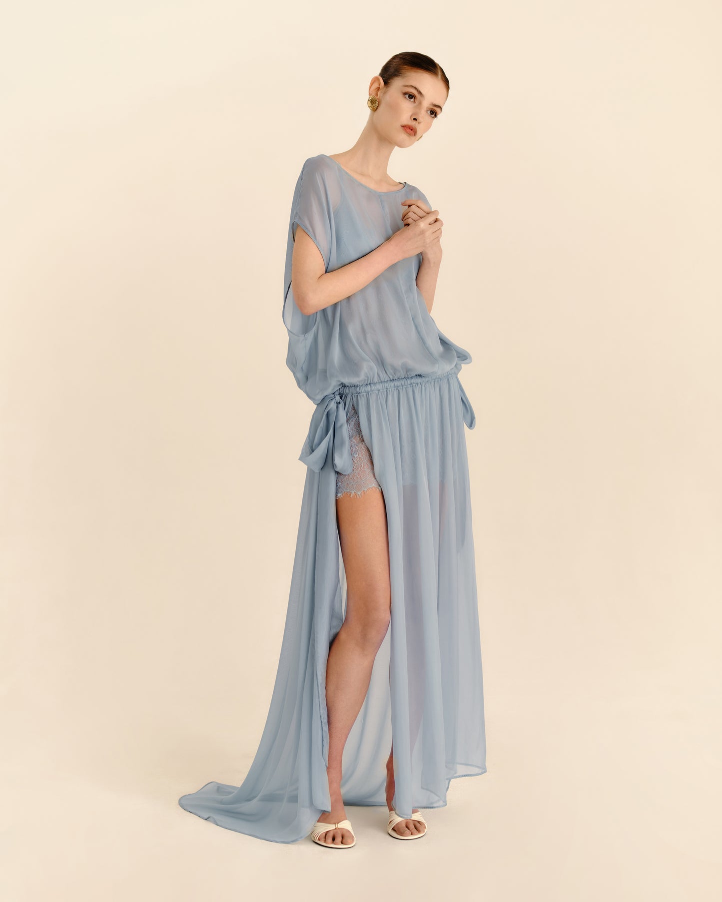 Celeste Sheer Maxi Dress Storm Blue - full-length styled view