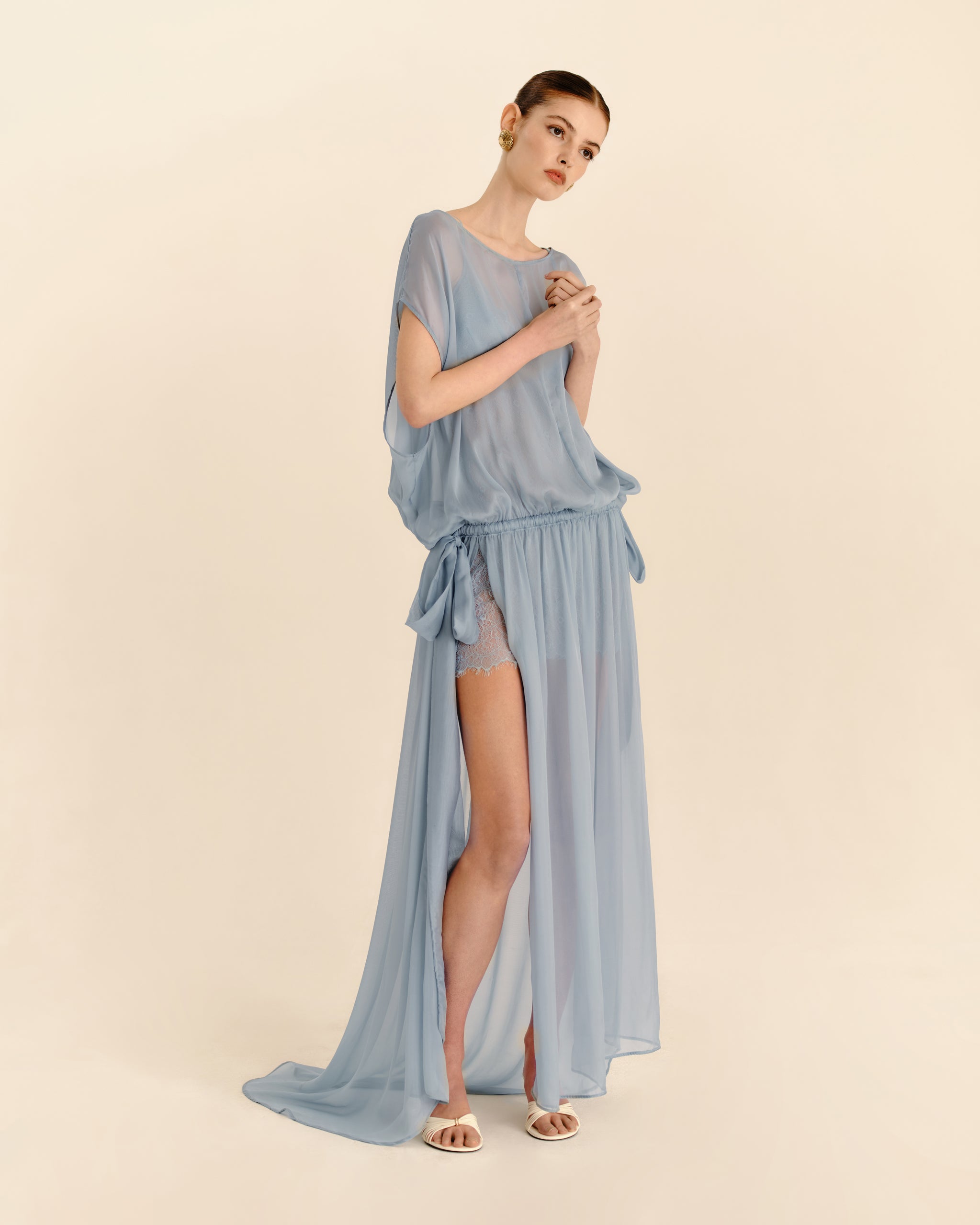 Celeste Sheer Maxi Dress Storm Blue - full-length styled view