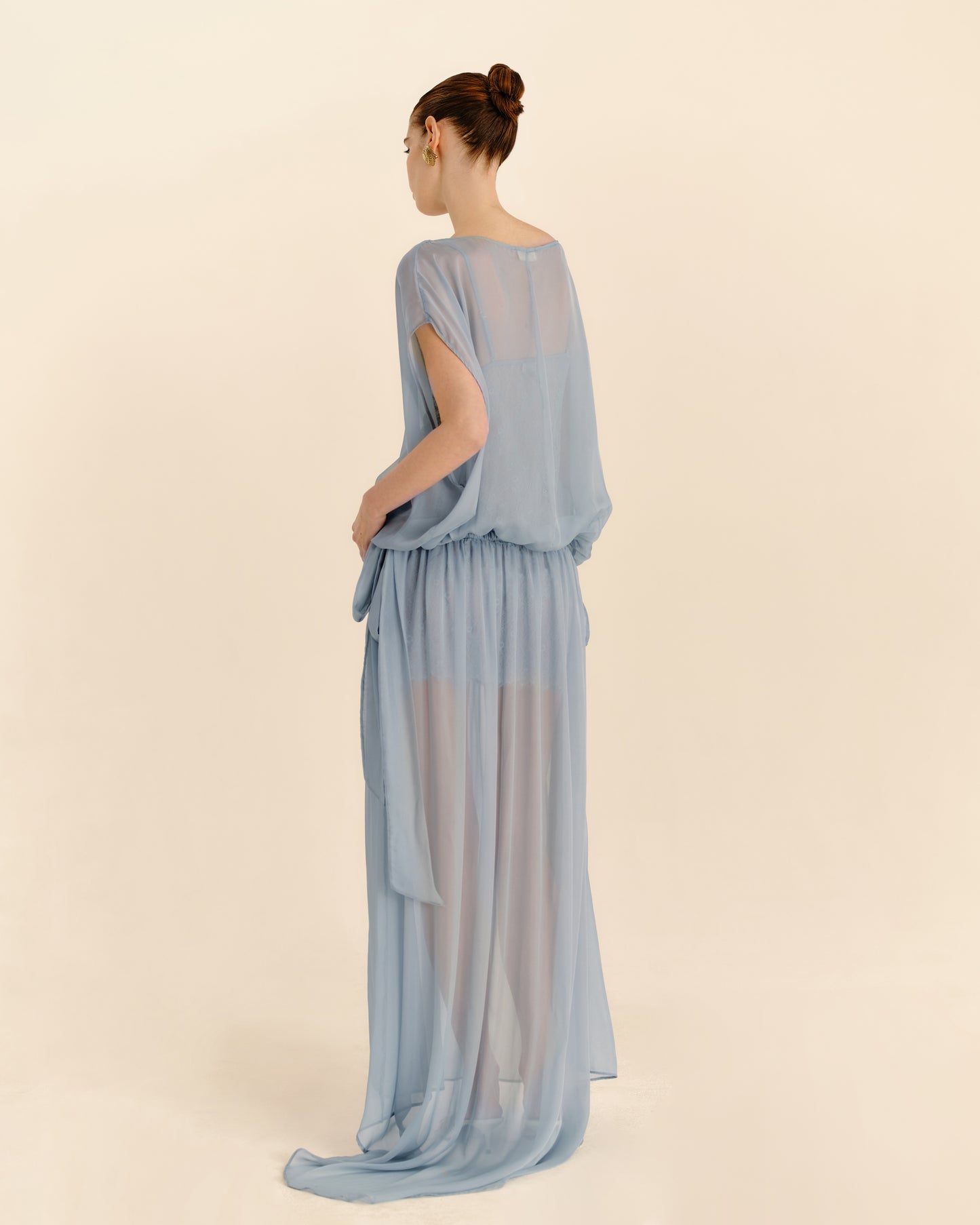 Celeste Sheer Maxi Dress Storm Blue - full-length back view