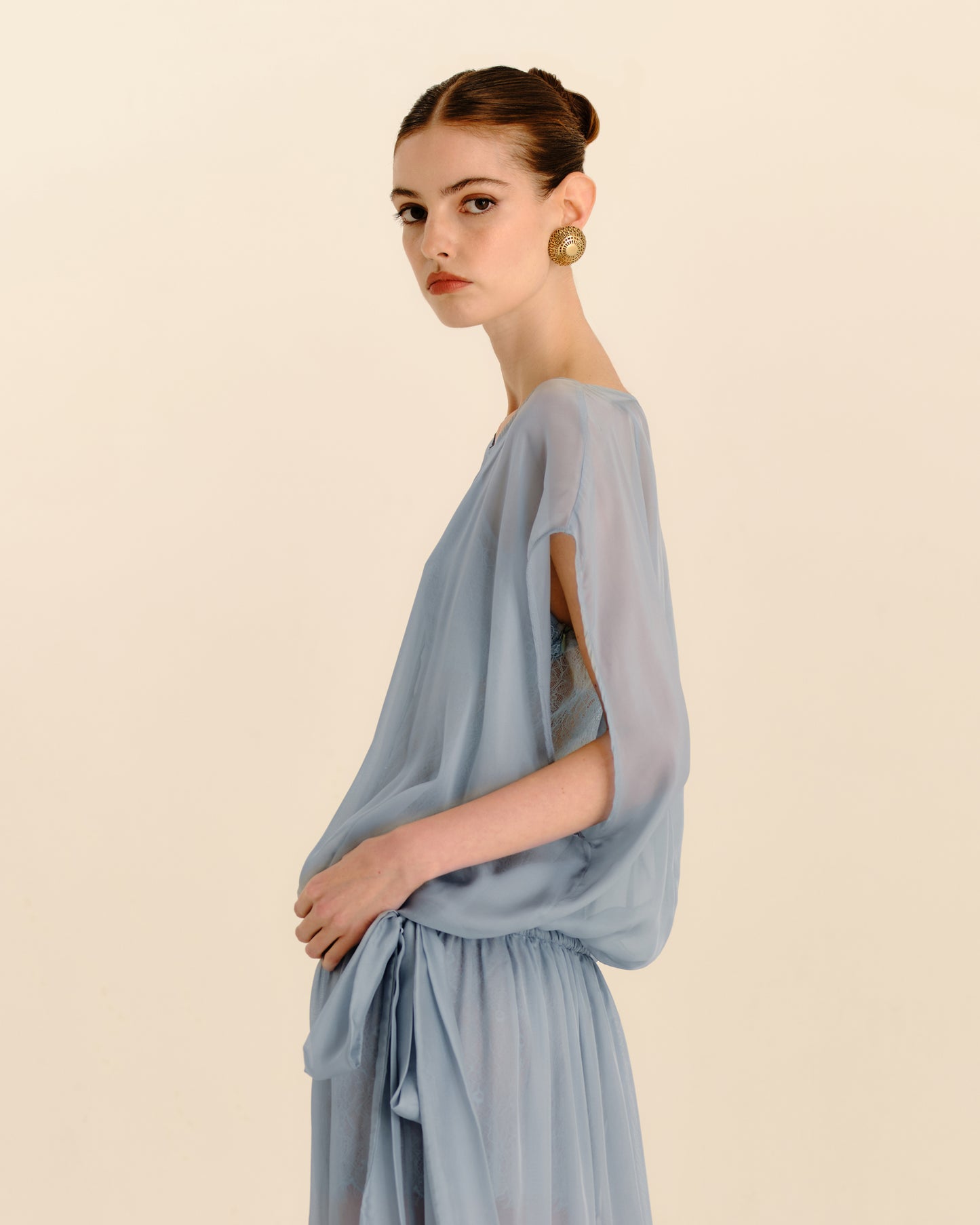 Celeste Sheer Maxi Dress Storm Blue - side profile