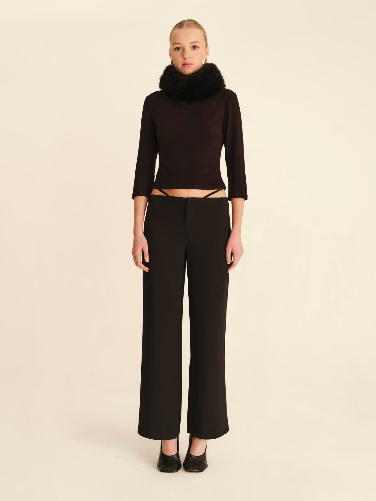 Jackie Fur Collared Top Jet Black - full-length front view