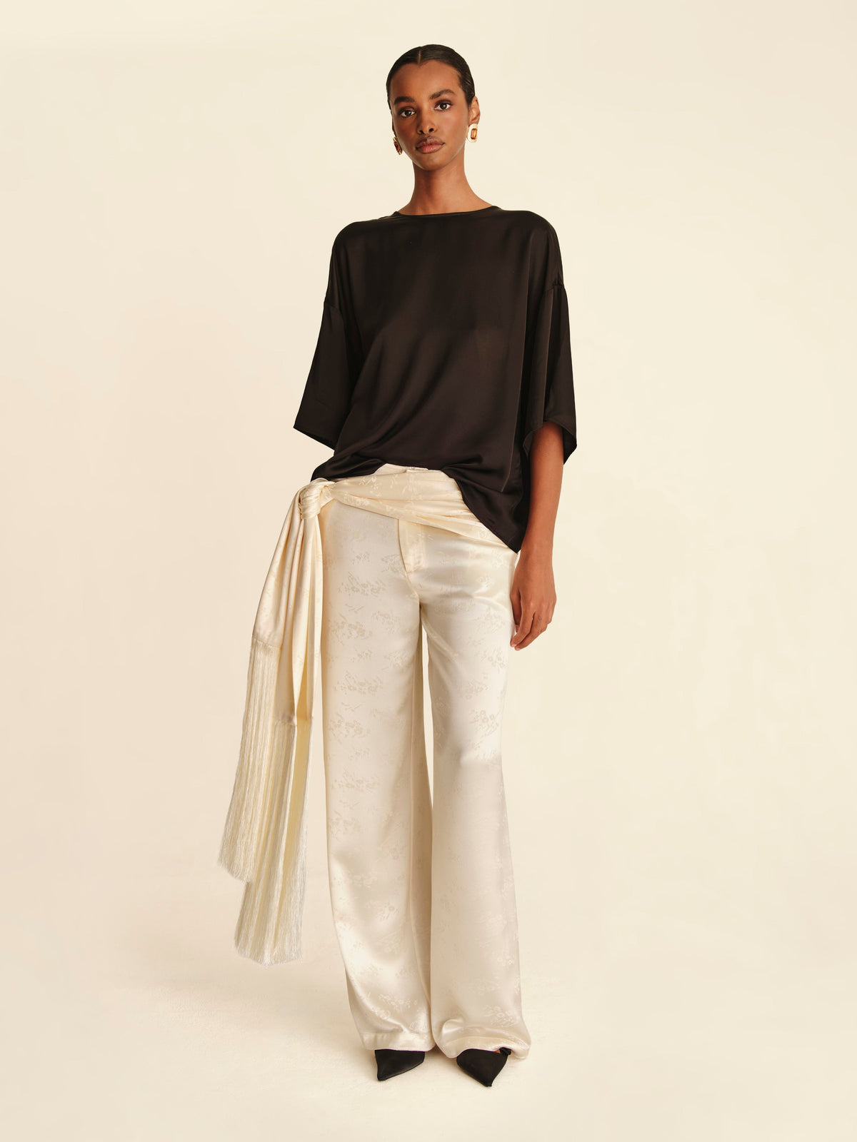 Jacquard Scarf Waist Trousers Ivory Lily - full-length front view