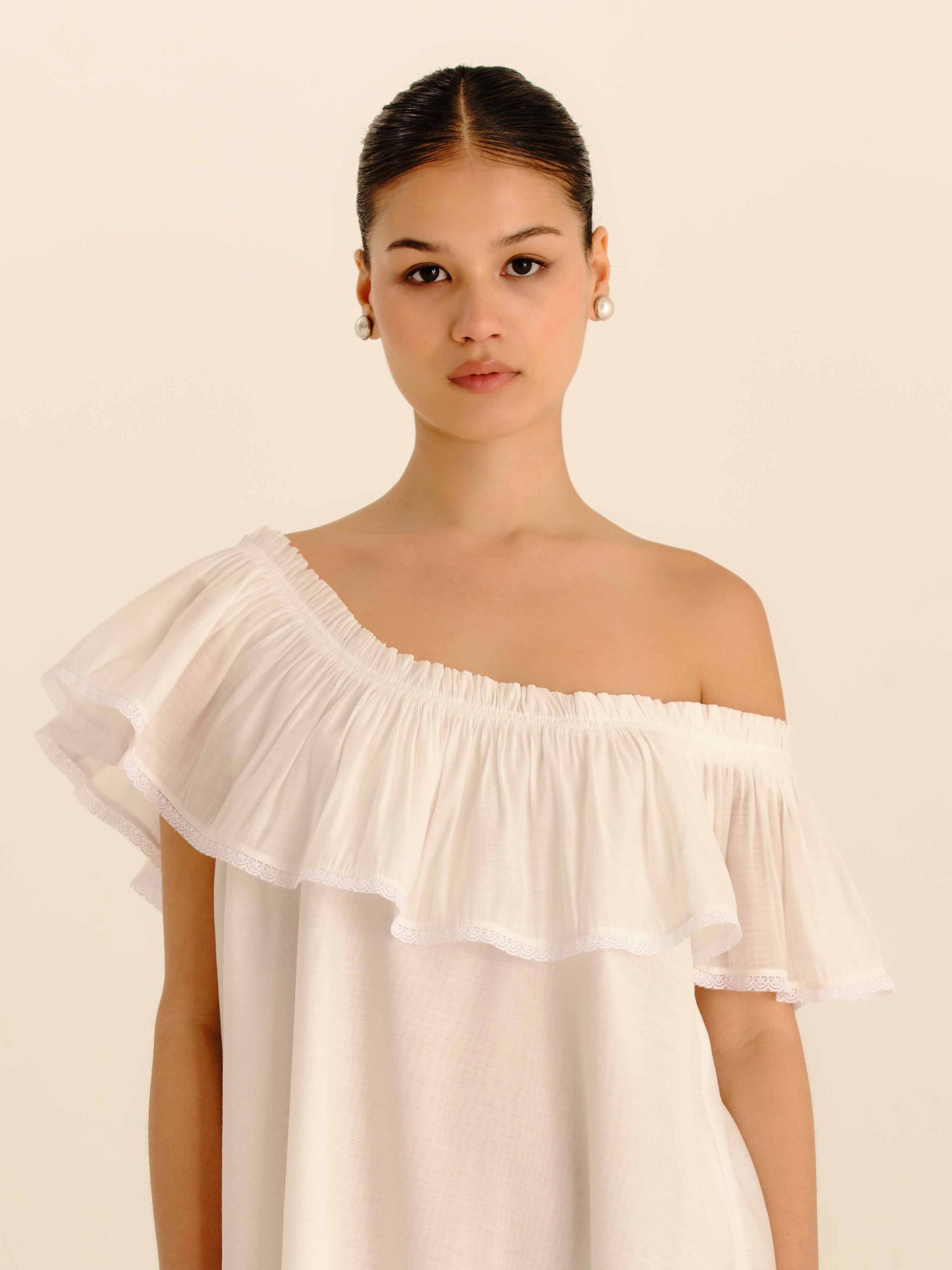 Lace Trim Babydoll Dress Ivory Cream - waist-up front view