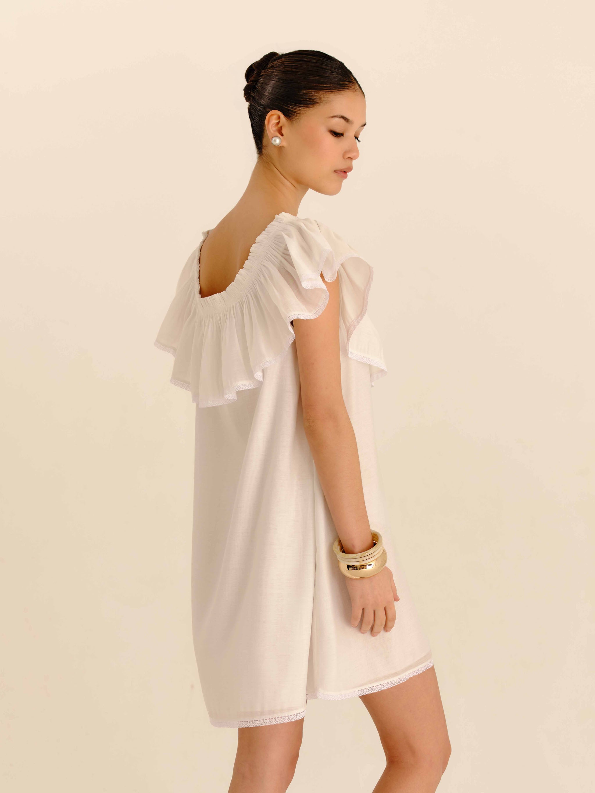 Lace Trim Babydoll Dress Ivory Cream - side profile