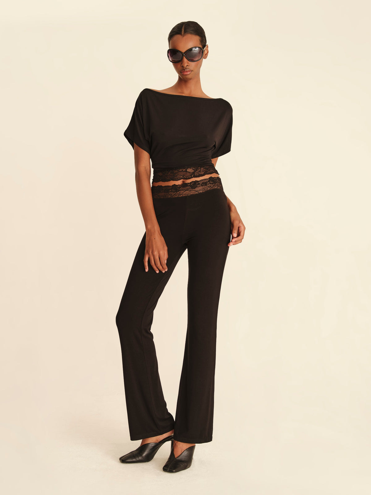 Lace Trim Boat Neck Top Jet Black - full-length front view