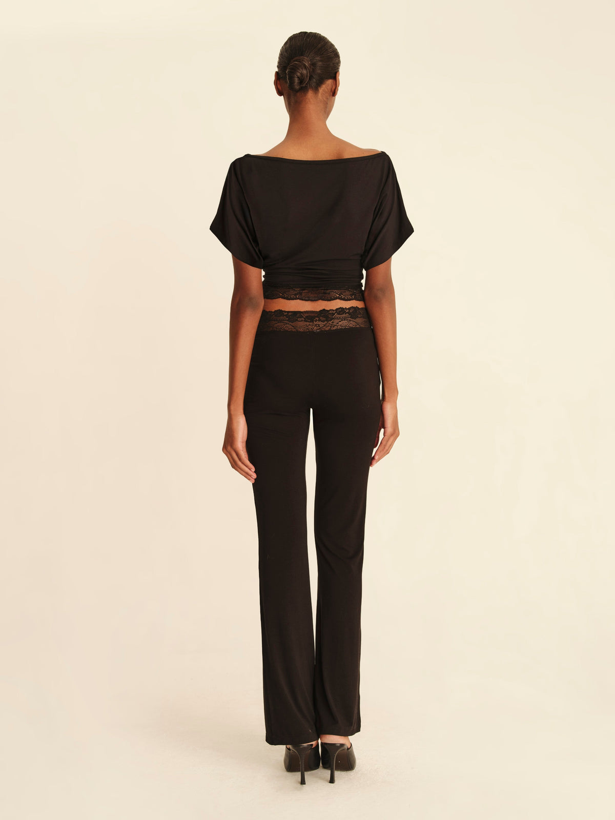 Lace Trim Boat Neck Top Jet Black - full-length back view