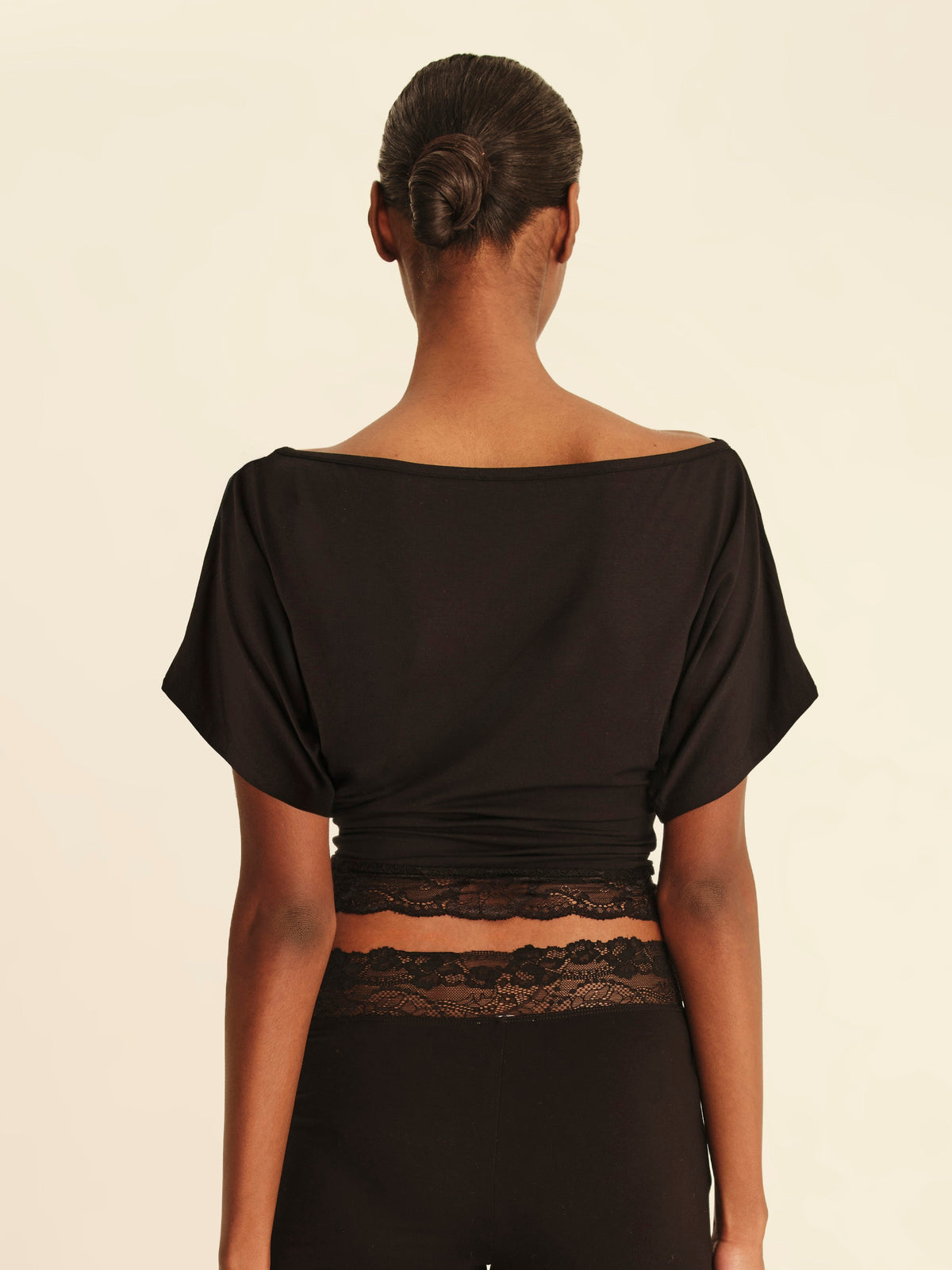 Lace Trim Boat Neck Top Jet Black - half-length back view