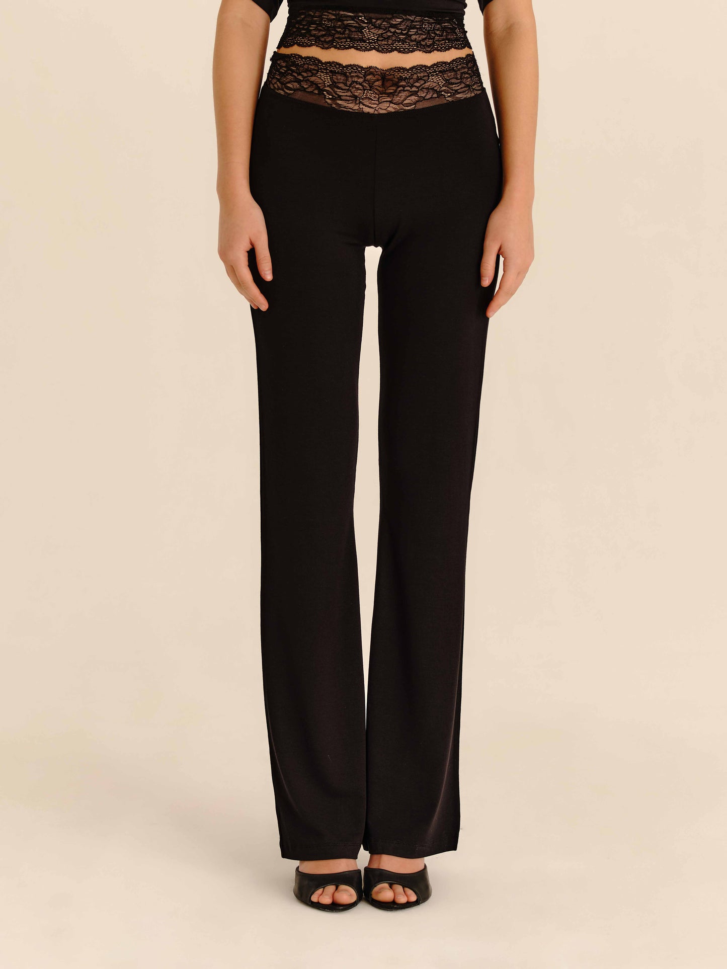 Lace Trim Pants Jet Black - half-length front view