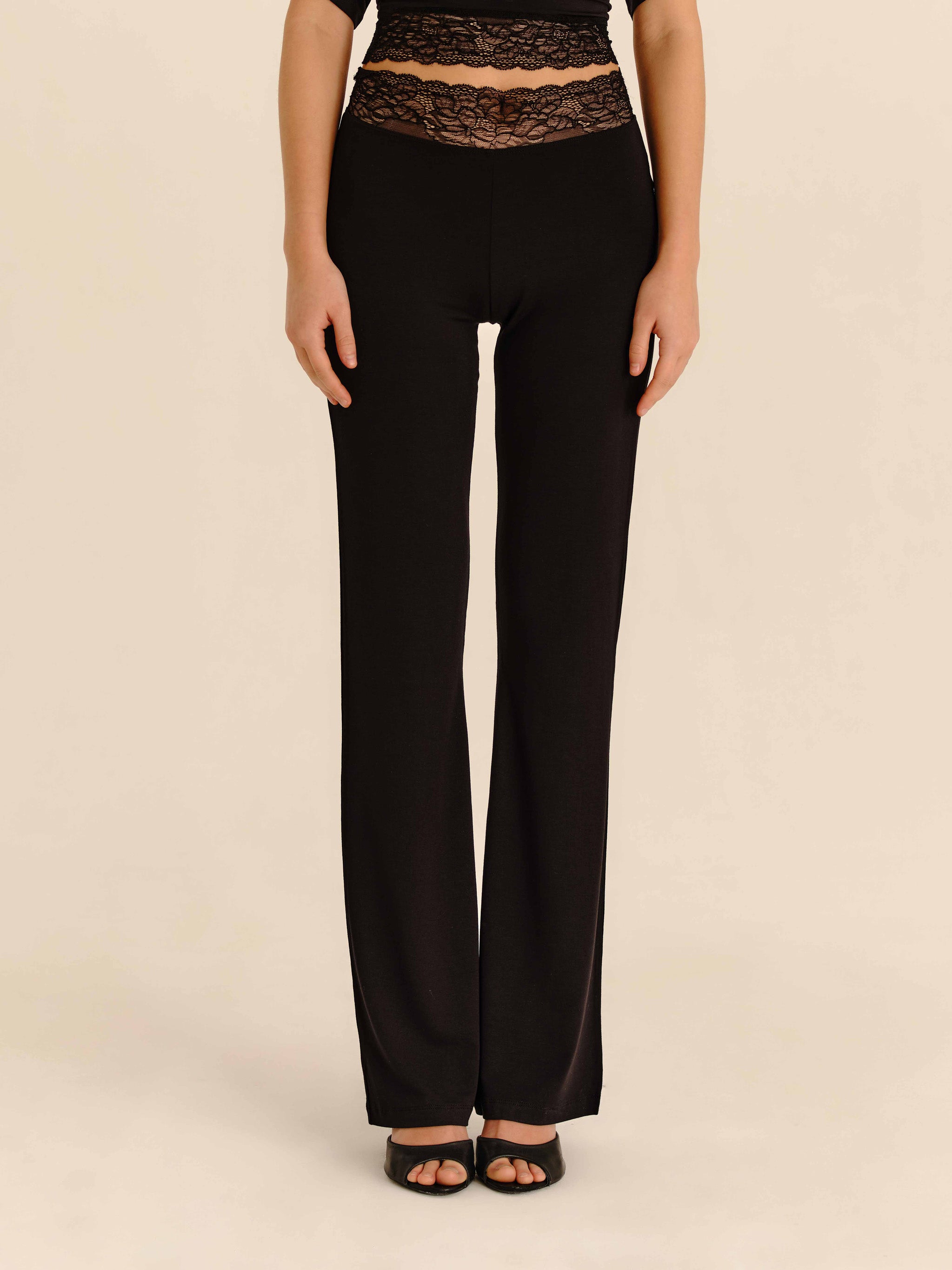 Lace Trim Pants Jet Black - half-length front view