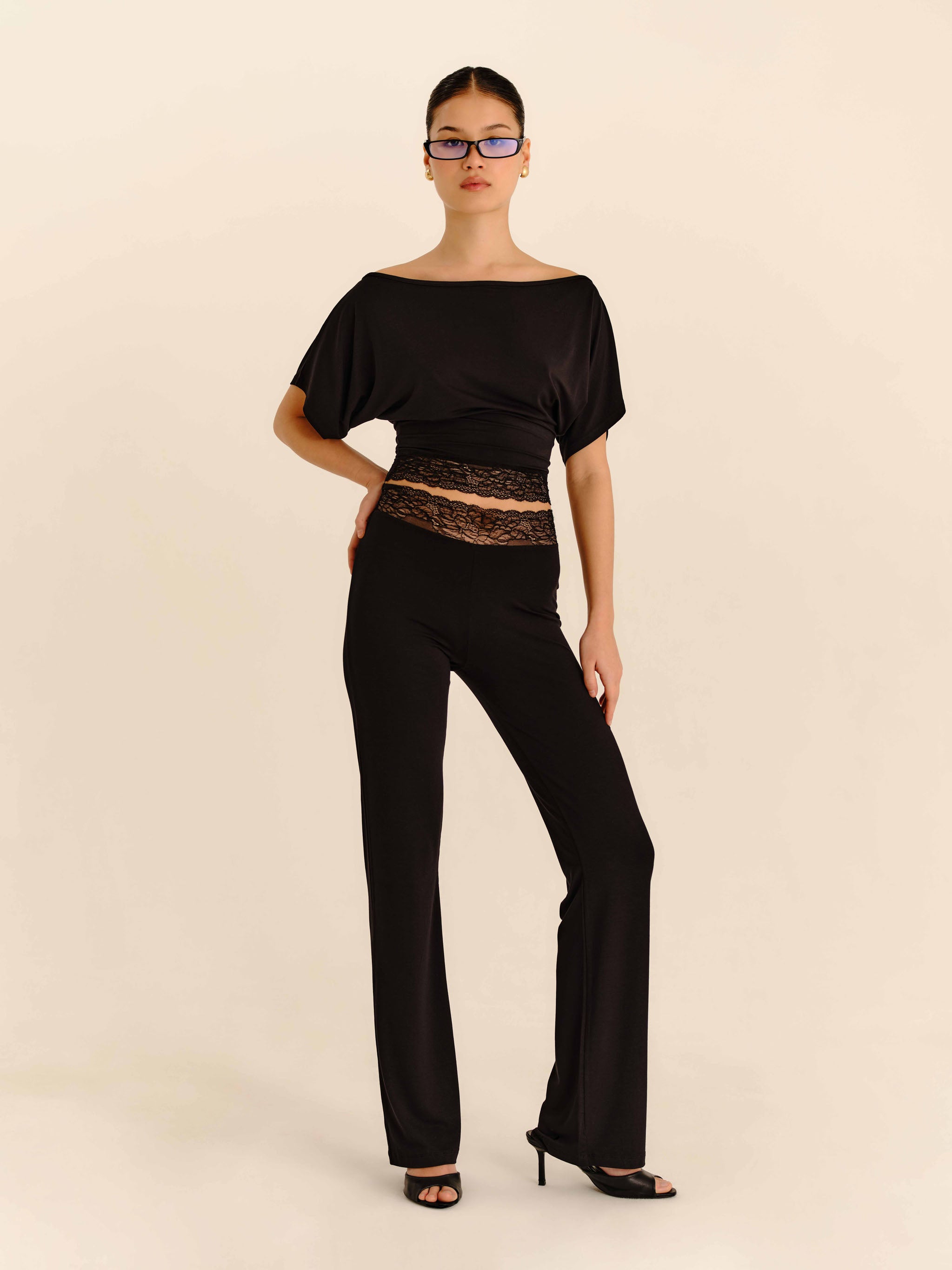 Lace Trim Pants Jet Black - full-length front view