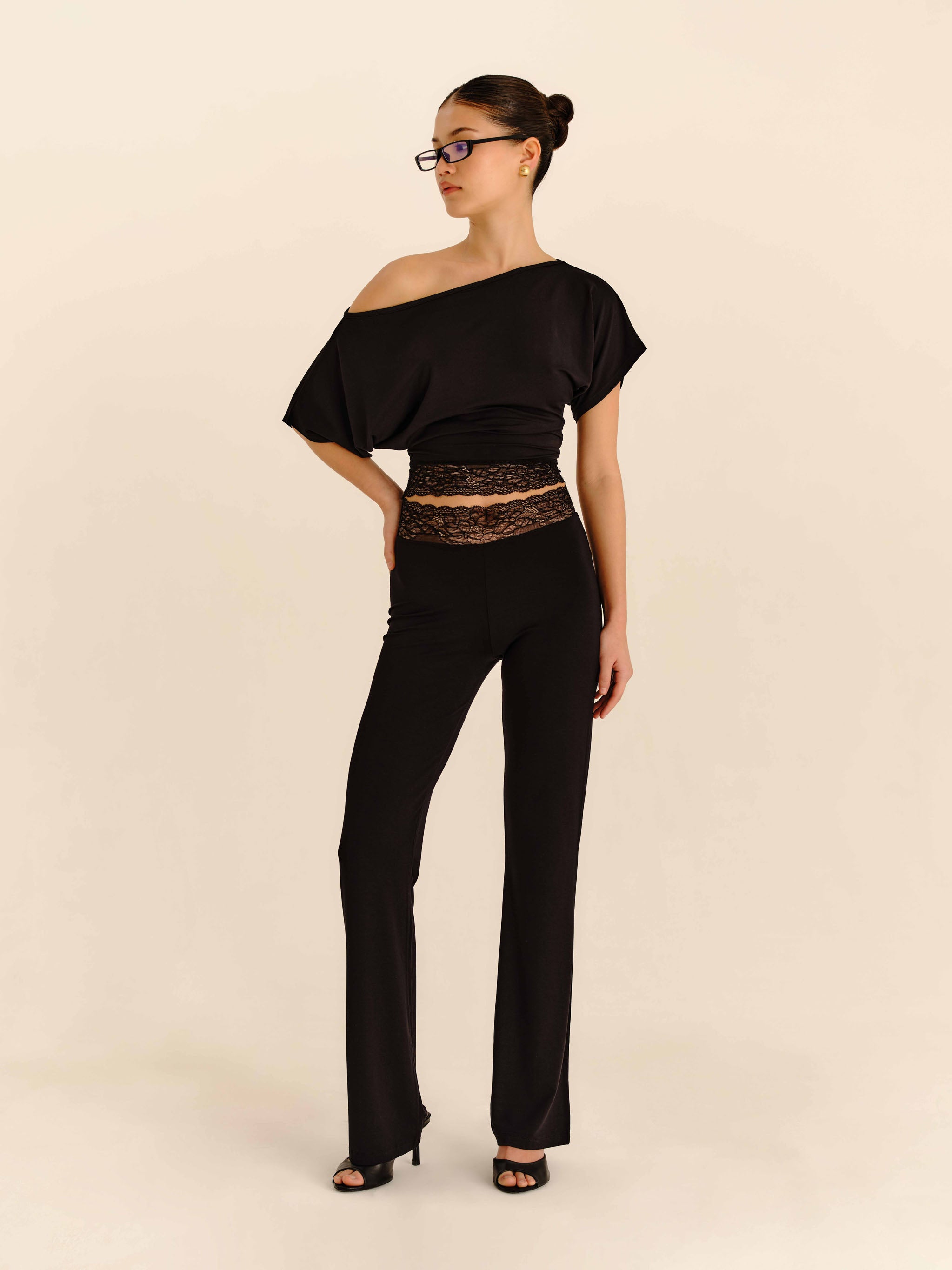 Lace Trim Pants Jet Black - full-length styled view