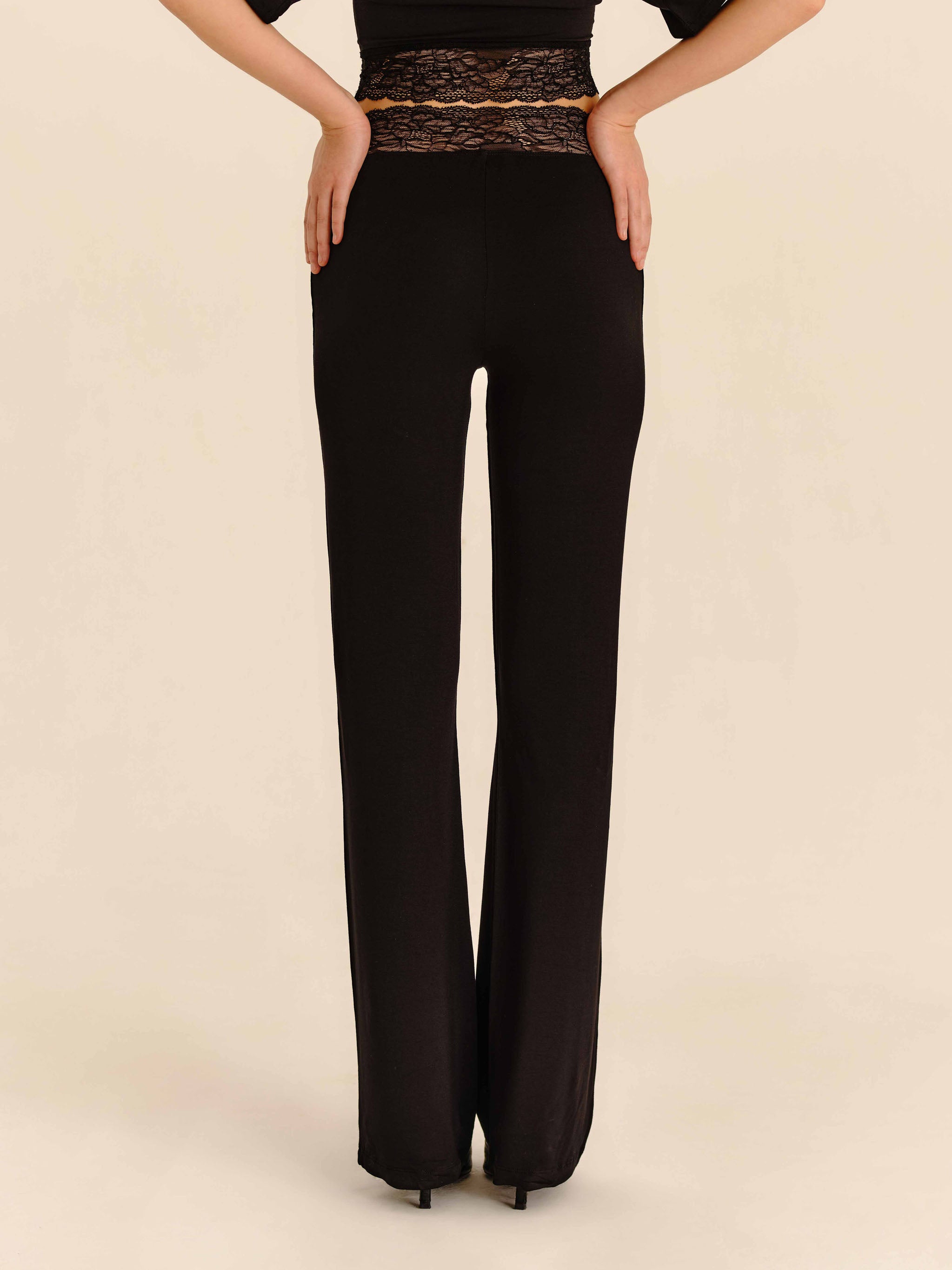 Lace Trim Pants Jet Black - half-length back view