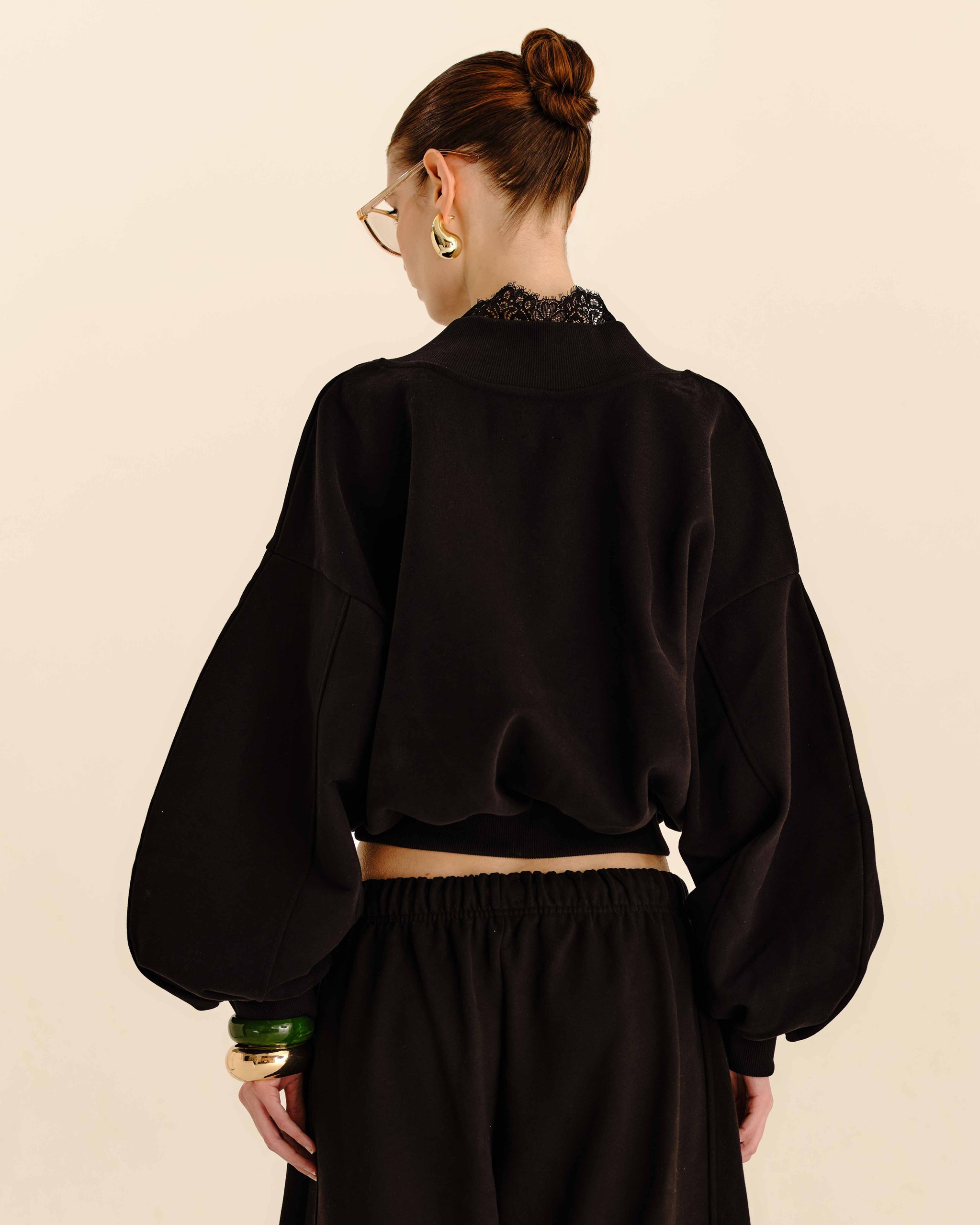 Lace Trim V-Neck Sweatshirt Jet Black - half-length back view