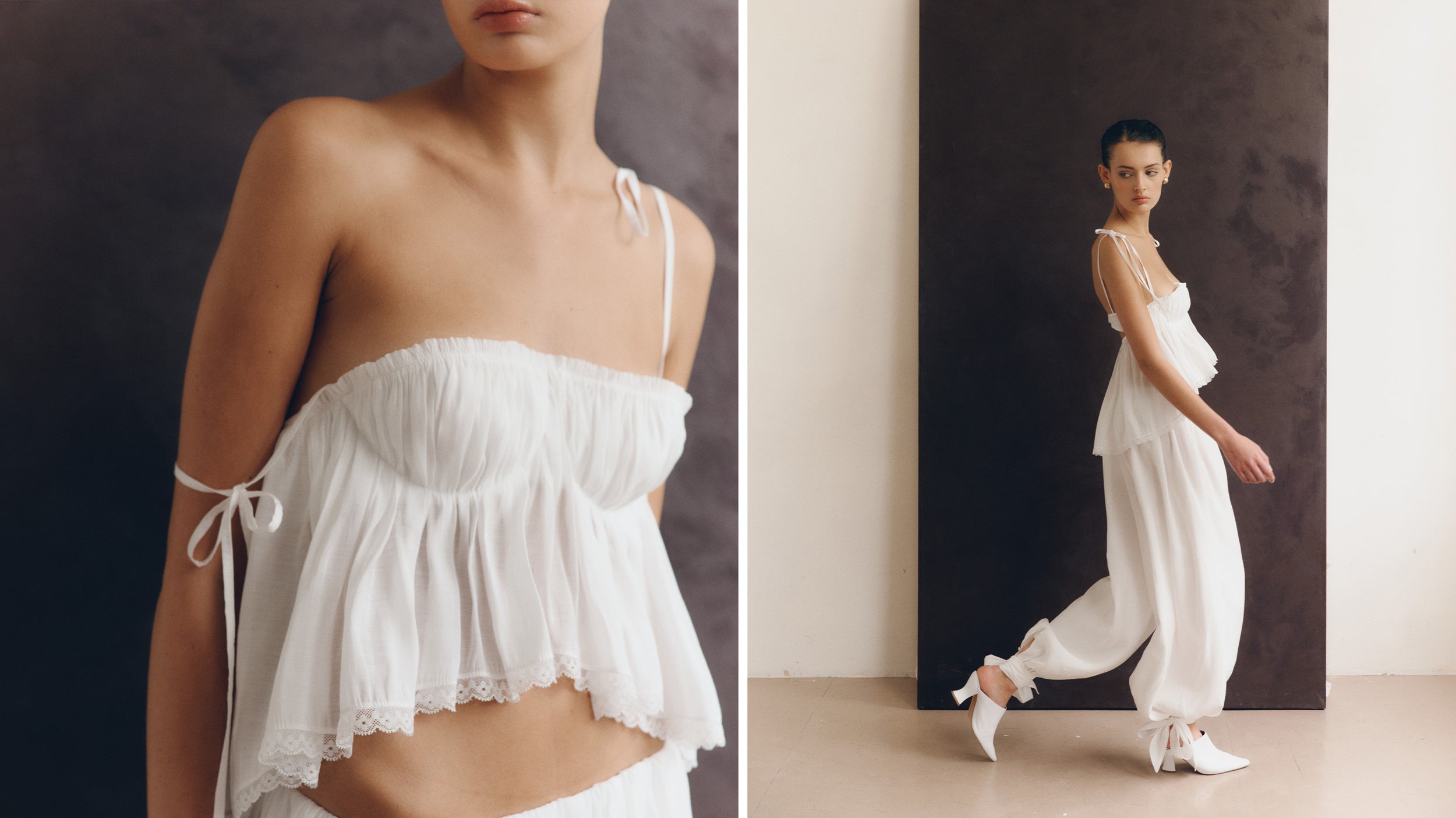 Model wearing the LENY Bustier Frill Top in ivory cream lace with matching Balloon Trousers.