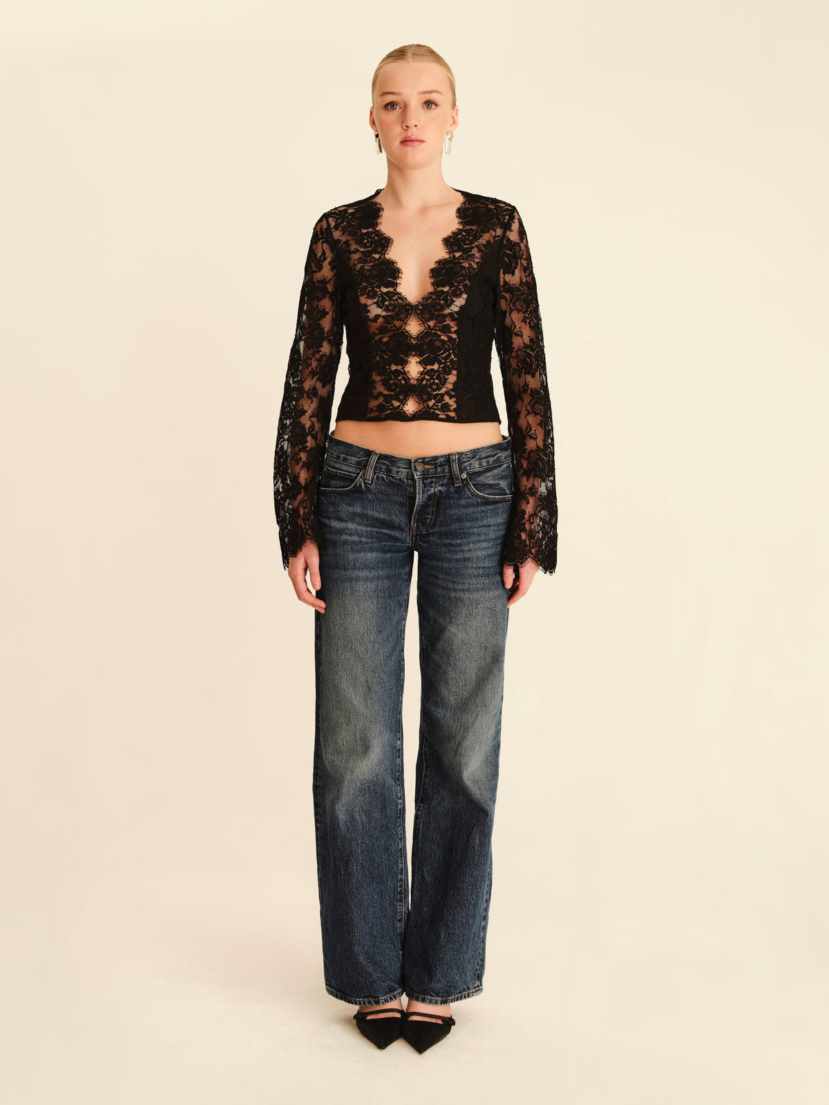 Muse Lace Long Sleeve Top Jet Black - full-length front view
