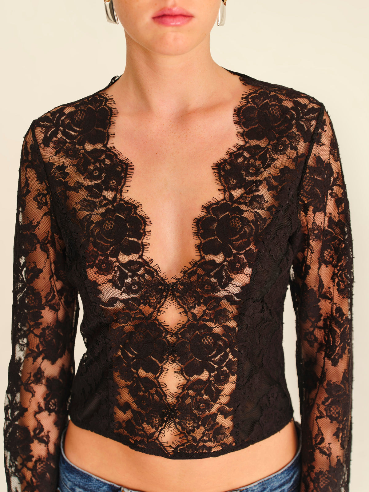 Muse Lace Long Sleeve Top Jet Black - close-up front detail