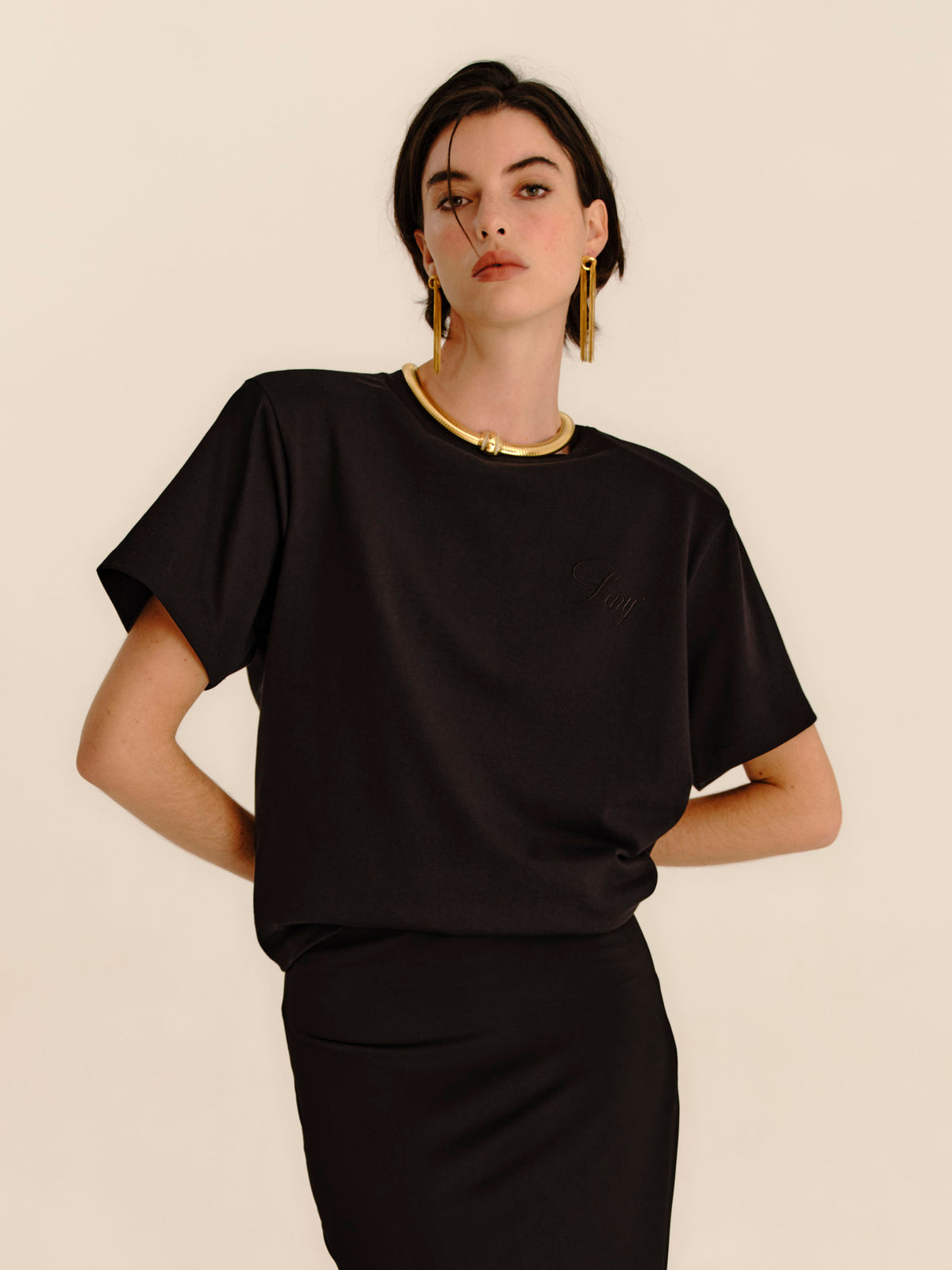 Padded Shoulder T shirt Jet Black