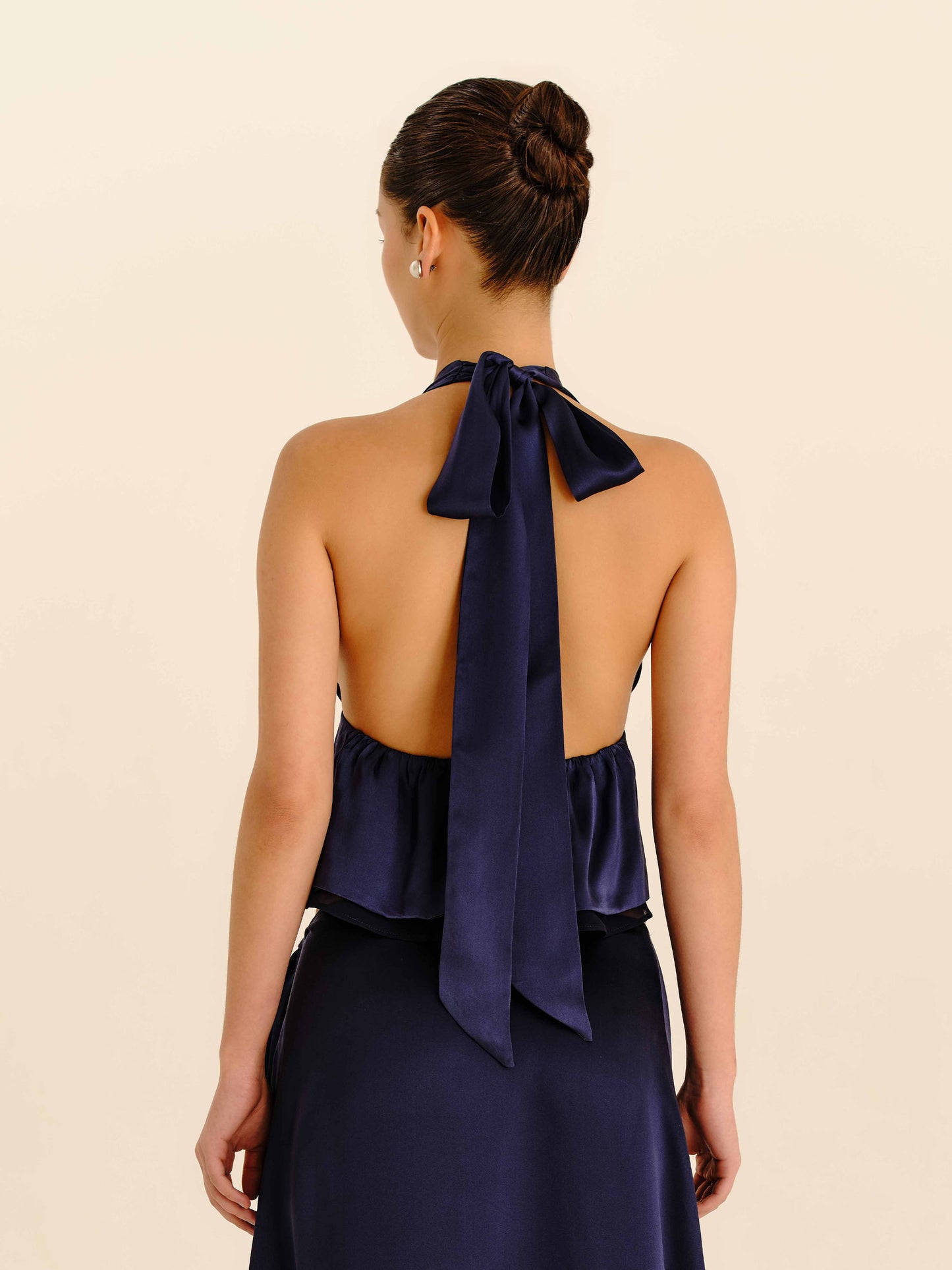 Romance Silk Blouse Navy Blue - half-length back view