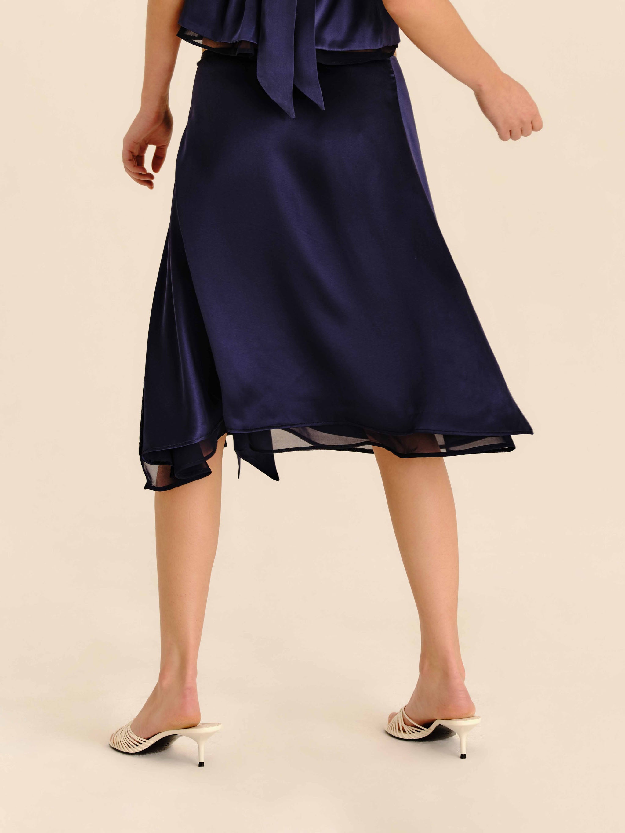 Romance Silk Midi Skirt Navy Blue - half-length back view
