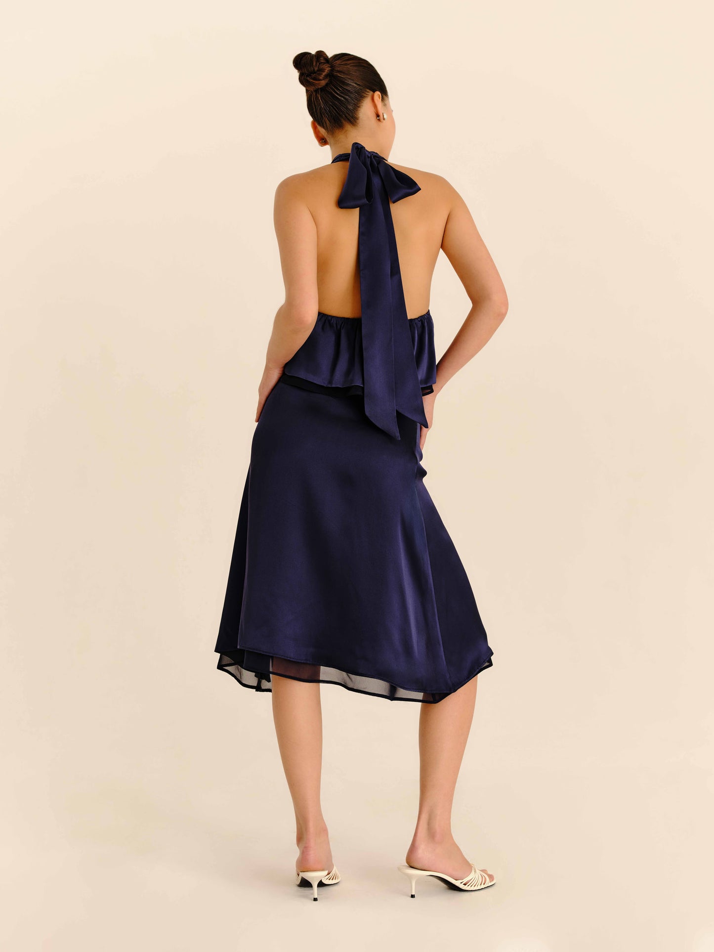 Romance Silk Midi Skirt Navy Blue - full-length back view