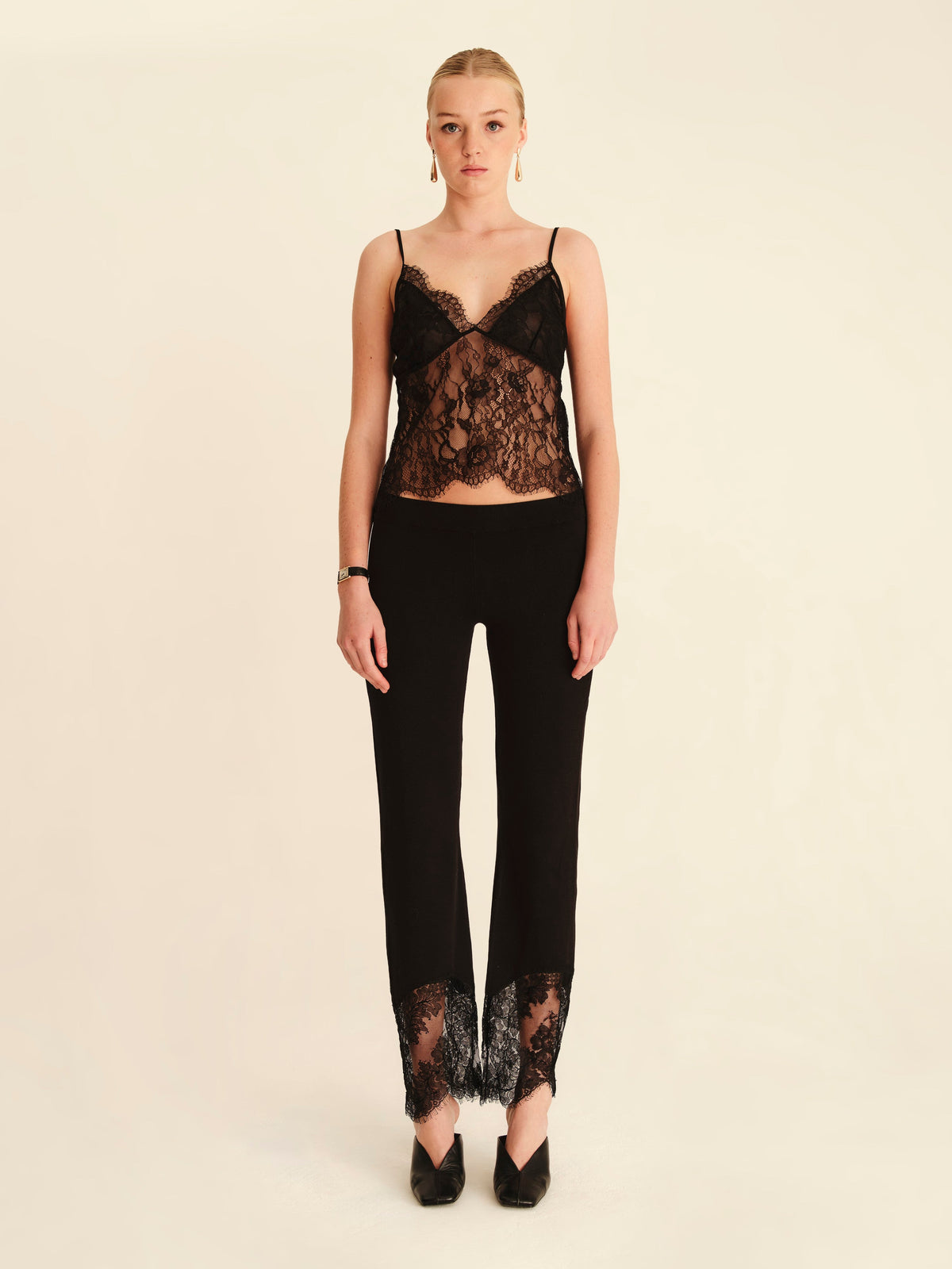 Sabine Knit Lace Pants Jet Black - full-length front view