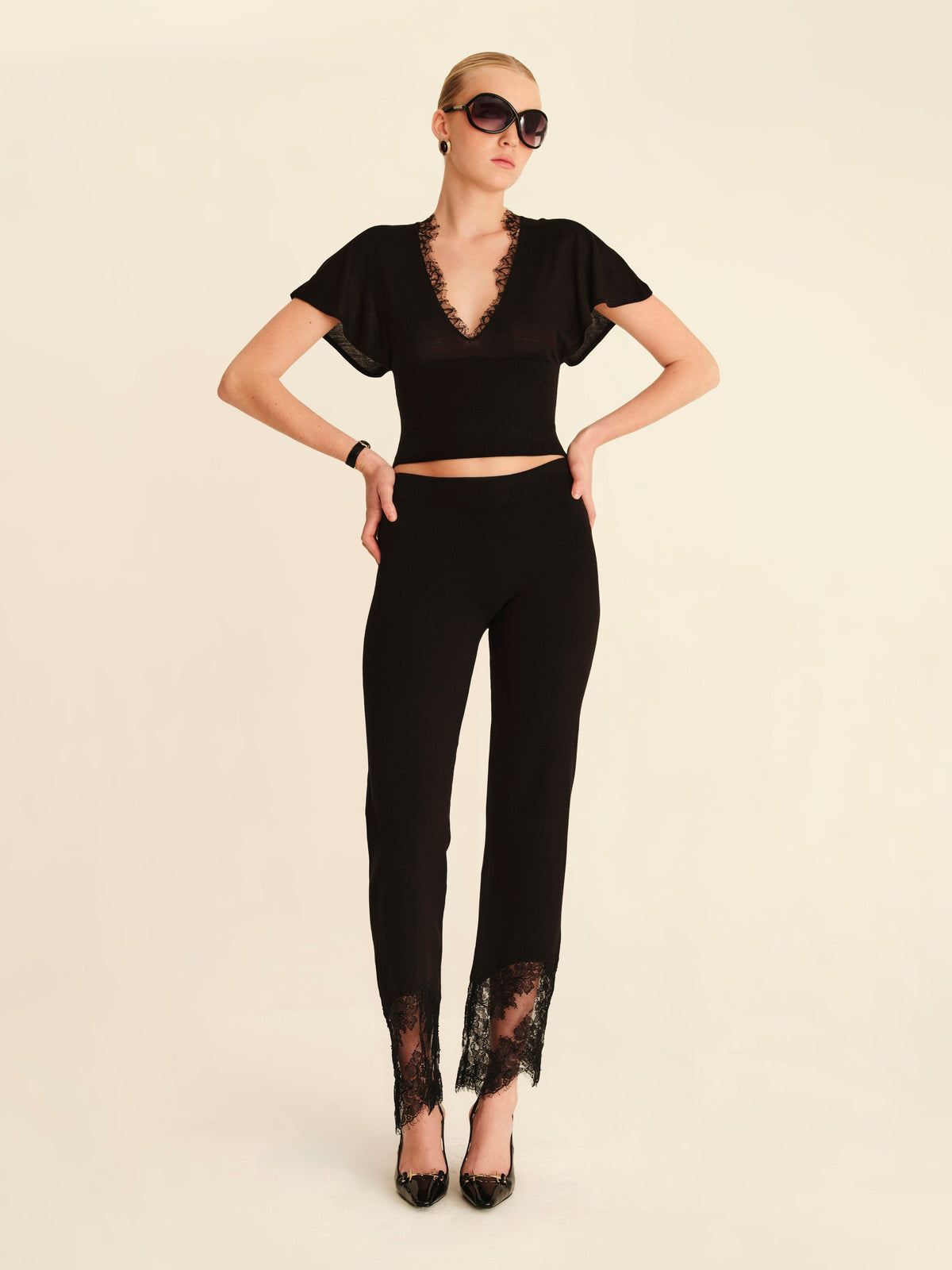 Sabine Knit Lace Top Jet Black - full-length styled view