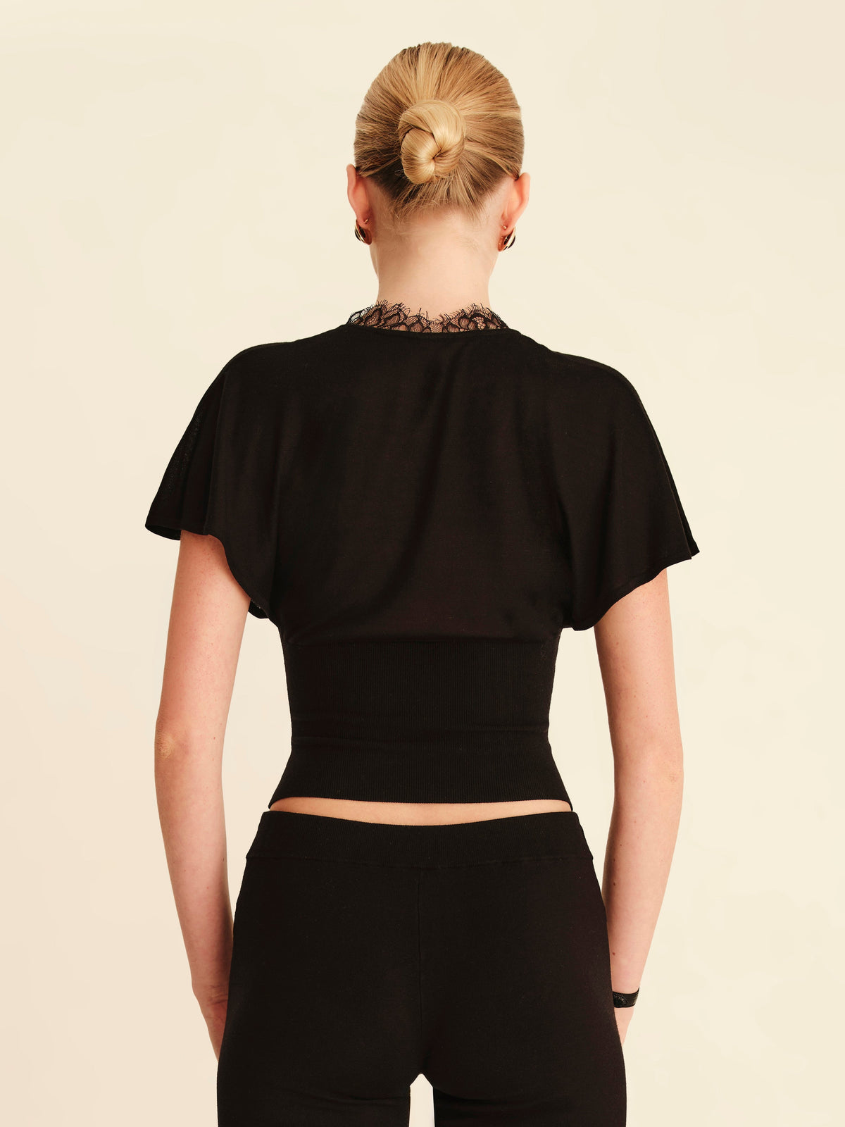 Sabine Knit Lace Top Jet Black - half-length back view
