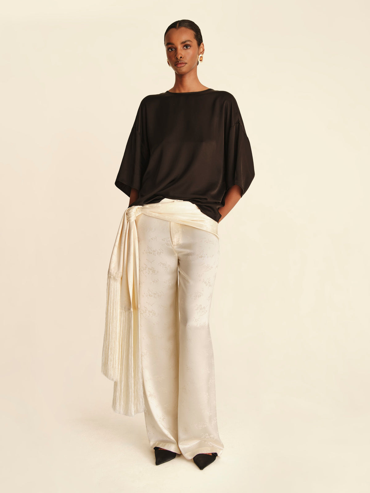 Tassel Low-Back Blouse Jet Black - full-length front view